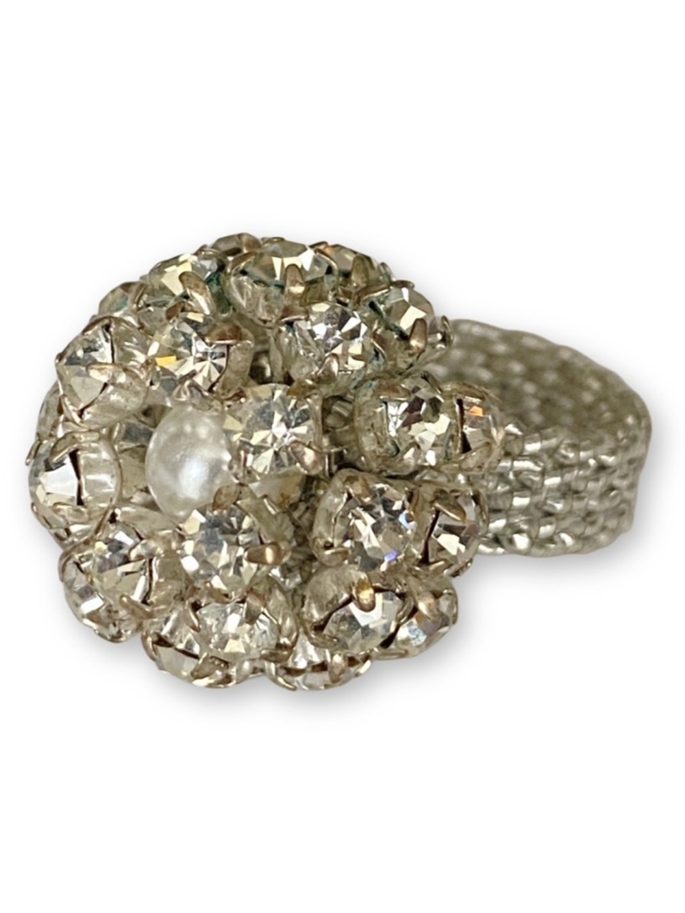 Vintage Pearl Rhinestone Cluster Ball Adjustable Silver Statement Ring